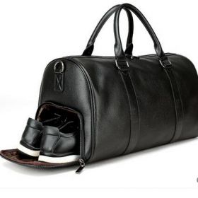 Black Leather Travel Bag With Shoes Pocket